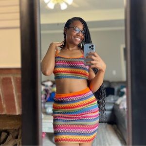 Rainbow Striped Knit Crop Cami Top & Bodycon Mini Skirt, US Size M, 6